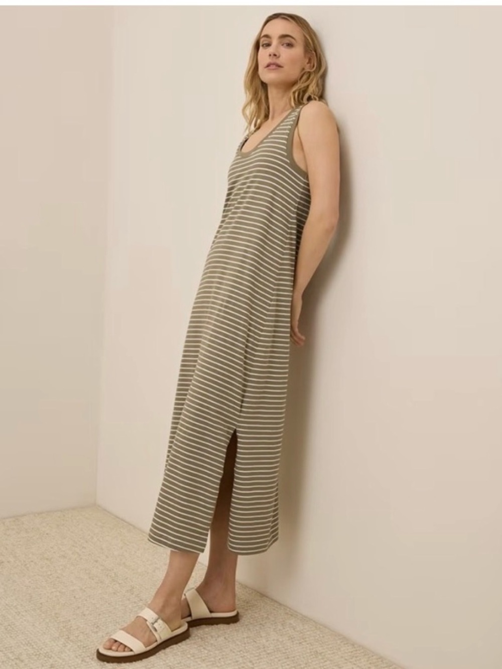 Striped Sleeveless Maxi Dress in Olive Taupe